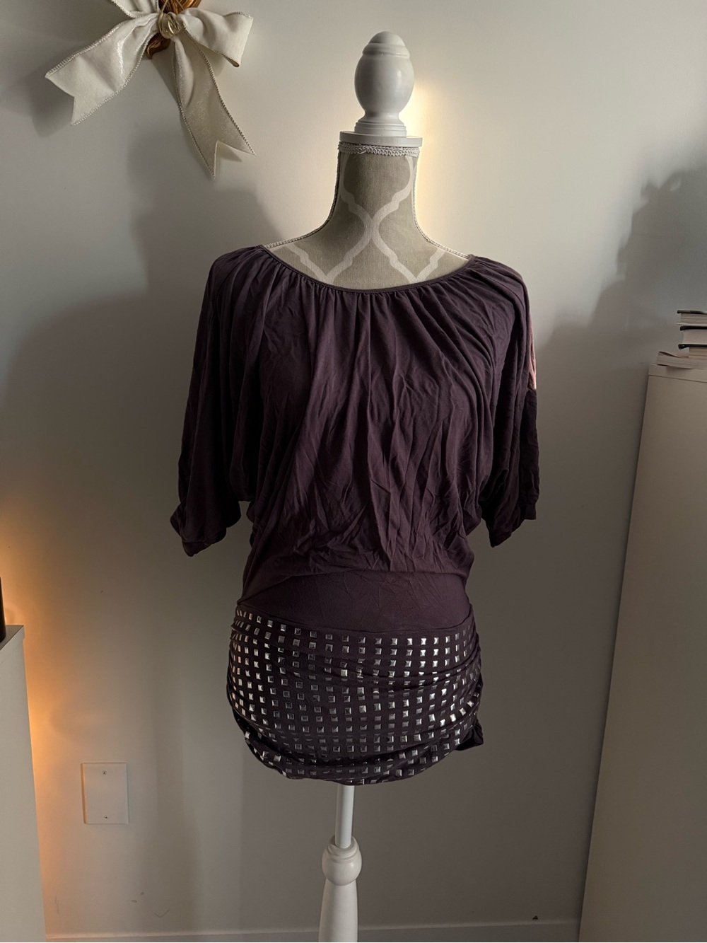 Women’s Dark Plum Ruched y2k studded dress